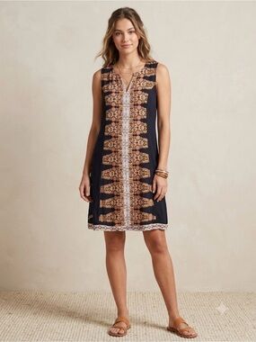 Shoreline Black Dress with Orange, Tan & White Medallion Print